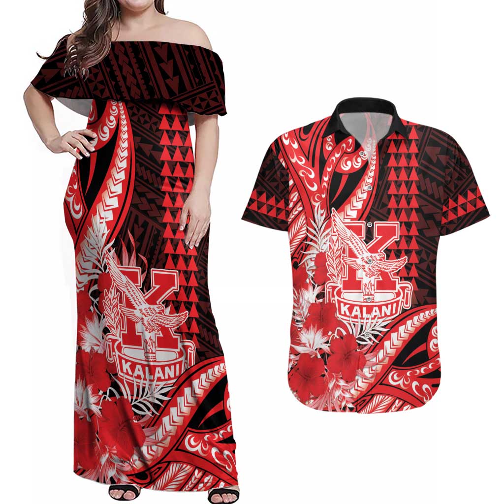 Personalised Hawaii Kalani High School Couples Matching Off Shoulder Maxi Dress and Hawaiian Shirt Tribal Tattoo With Hibiscus Flowers LT05 Red - Polynesian Pride