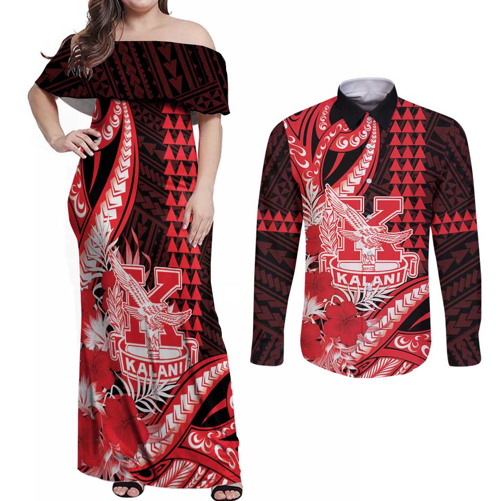 Personalised Hawaii Kalani High School Couples Matching Off Shoulder Maxi Dress and Long Sleeve Button Shirt Tribal Tattoo With Hibiscus Flowers LT05 Red - Polynesian Pride