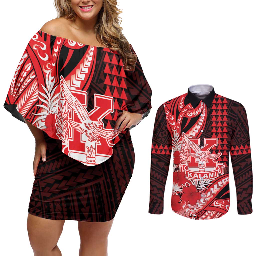 Personalised Hawaii Kalani High School Couples Matching Off Shoulder Short Dress and Long Sleeve Button Shirt Tribal Tattoo With Hibiscus Flowers LT05 Red - Polynesian Pride