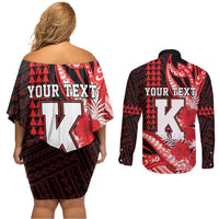 Personalised Hawaii Kalani High School Couples Matching Off Shoulder Short Dress and Long Sleeve Button Shirt Tribal Tattoo With Hibiscus Flowers LT05 - Polynesian Pride