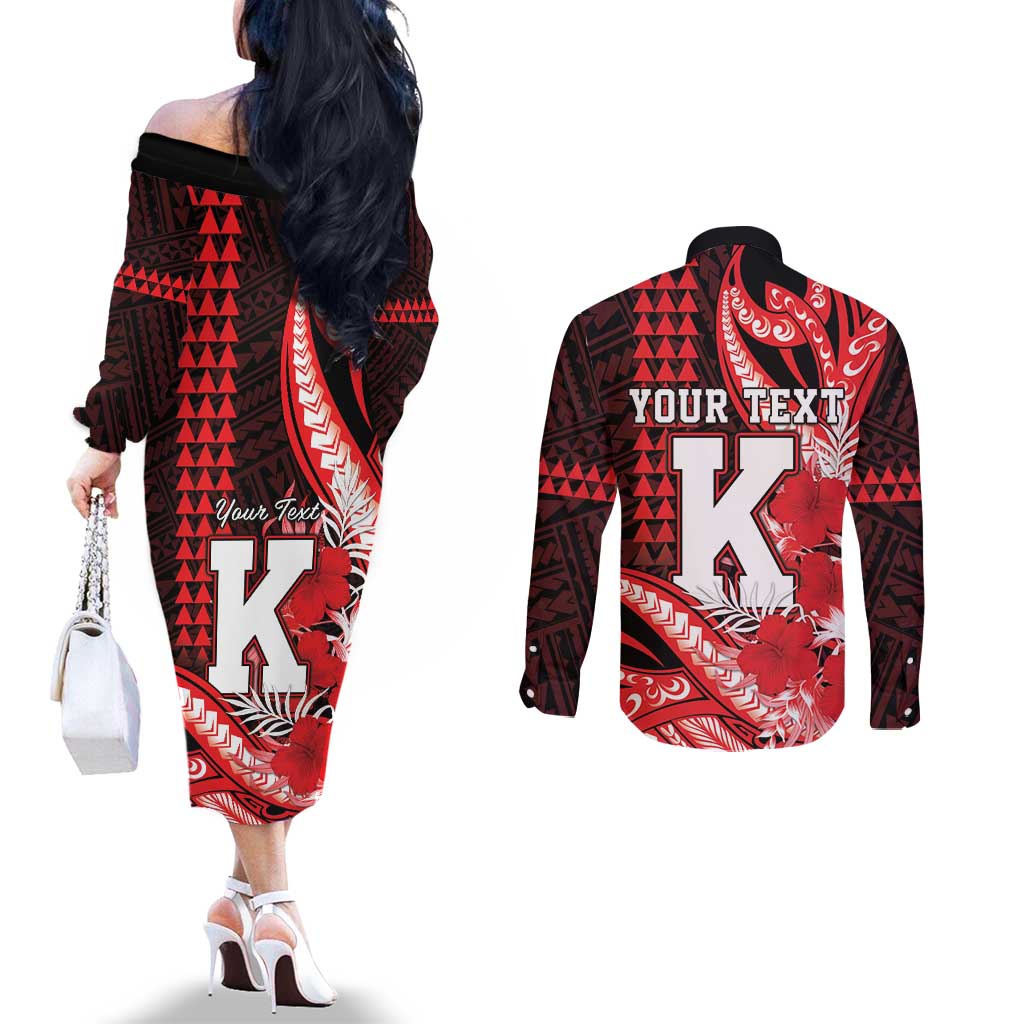 Personalised Hawaii Kalani High School Couples Matching Off The Shoulder Long Sleeve Dress and Long Sleeve Button Shirt Tribal Tattoo With Hibiscus Flowers LT05 - Polynesian Pride
