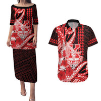 Personalised Hawaii Kalani High School Couples Matching Puletasi and Hawaiian Shirt Tribal Tattoo With Hibiscus Flowers LT05 Red - Polynesian Pride