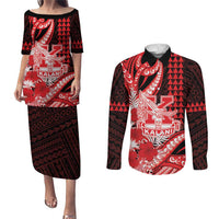 Personalised Hawaii Kalani High School Couples Matching Puletasi and Long Sleeve Button Shirt Tribal Tattoo With Hibiscus Flowers
