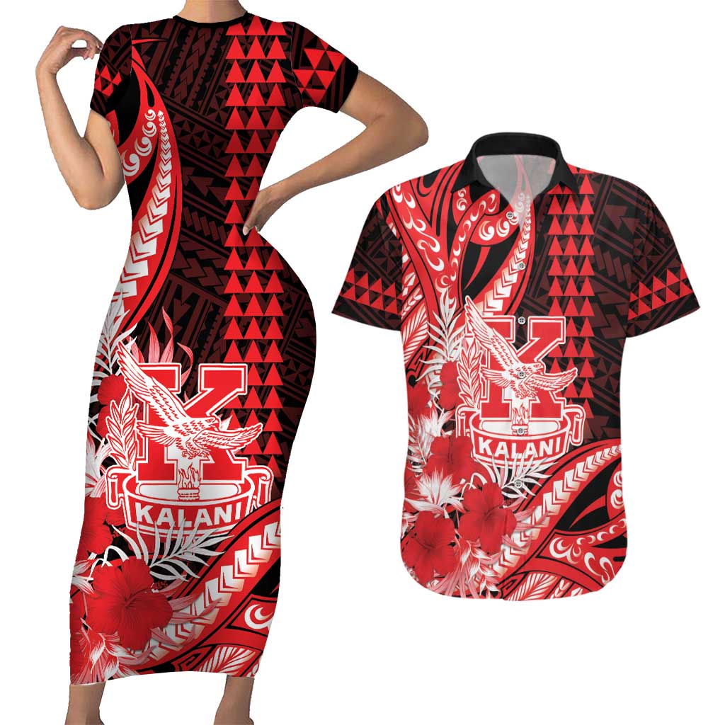 Personalised Hawaii Kalani High School Couples Matching Short Sleeve Bodycon Dress and Hawaiian Shirt Tribal Tattoo With Hibiscus Flowers LT05 Red - Polynesian Pride