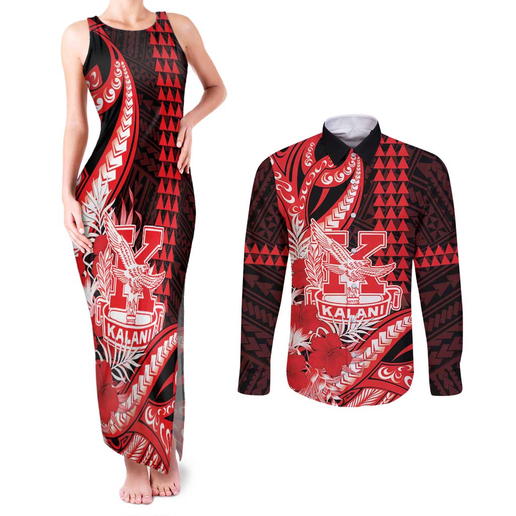 Personalised Hawaii Kalani High School Couples Matching Tank Maxi Dress and Long Sleeve Button Shirt Tribal Tattoo With Hibiscus Flowers LT05 Red - Polynesian Pride