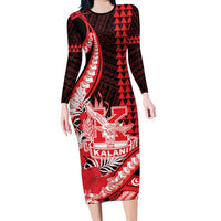 Personalised Hawaii Kalani High School Family Matching Long Sleeve Bodycon Dress and Hawaiian Shirt Tribal Tattoo With Hibiscus Flowers LT05 Mom's Dress Red - Polynesian Pride
