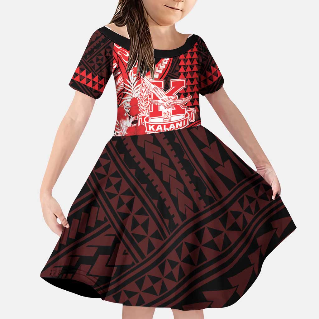 Personalised Hawaii Kalani High School Family Matching Mermaid Dress and Hawaiian Shirt Tribal Tattoo With Hibiscus Flowers LT05 Daughter's Dress Red - Polynesian Pride