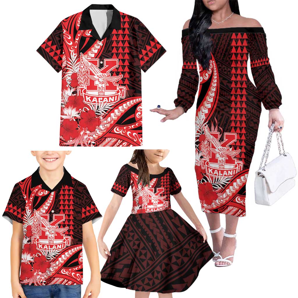 Personalised Hawaii Kalani High School Family Matching Off The Shoulder Long Sleeve Dress and Hawaiian Shirt Tribal Tattoo With Hibiscus Flowers LT05 - Polynesian Pride
