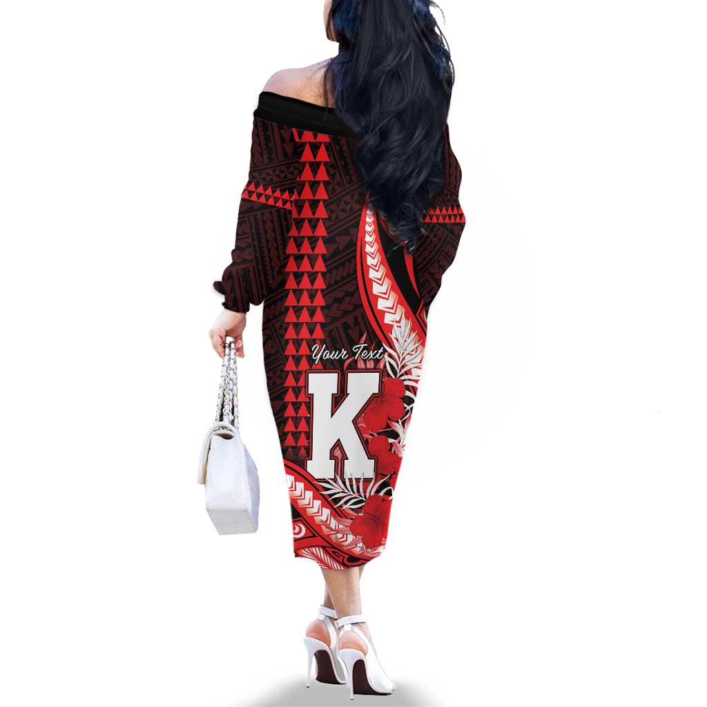 Personalised Hawaii Kalani High School Family Matching Off The Shoulder Long Sleeve Dress and Hawaiian Shirt Tribal Tattoo With Hibiscus Flowers LT05 - Polynesian Pride