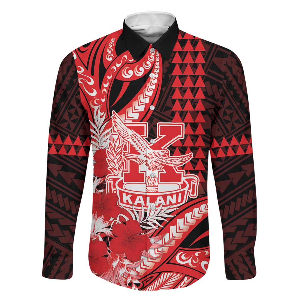 Personalised Hawaii Kalani High School Family Matching Off Shoulder Maxi Dress and Hawaiian Shirt Tribal Tattoo With Hibiscus Flowers LT05 Dad's Shirt - Long Sleeve Red - Polynesian Pride