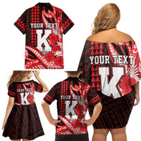 Personalised Hawaii Kalani High School Family Matching Off Shoulder Short Dress and Hawaiian Shirt Tribal Tattoo With Hibiscus Flowers LT05 - Polynesian Pride