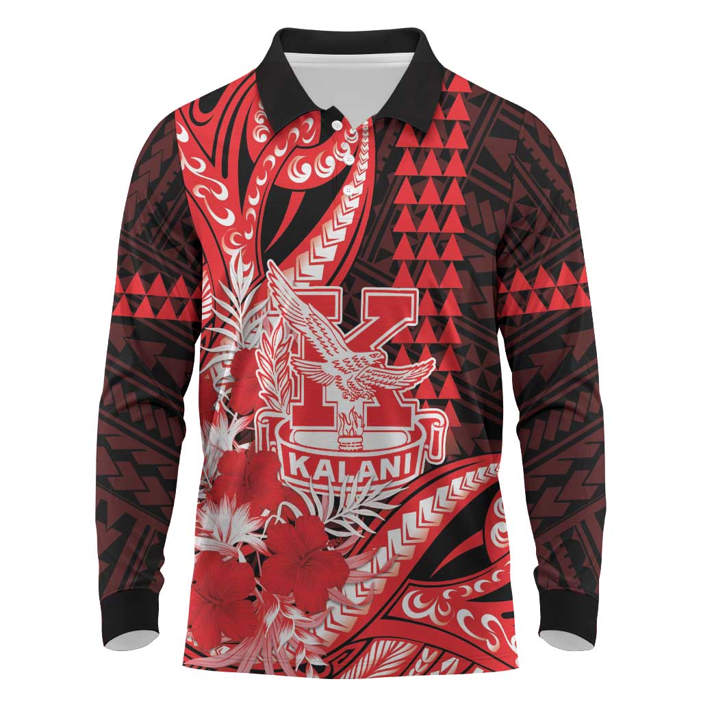 Personalised Hawaii Kalani High School Long Sleeve Polo Shirt Tribal Tattoo With Hibiscus Flowers