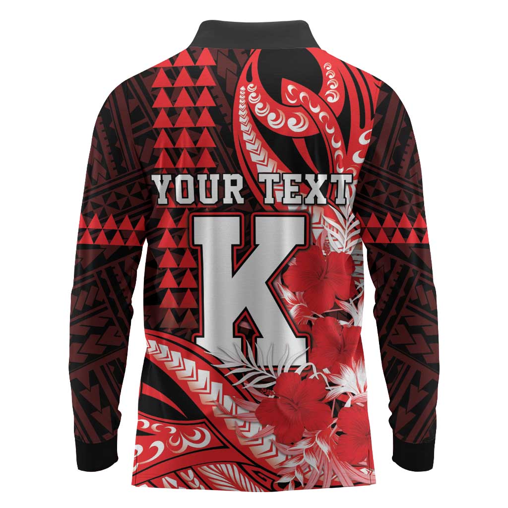 Personalised Hawaii Kalani High School Long Sleeve Polo Shirt Tribal Tattoo With Hibiscus Flowers