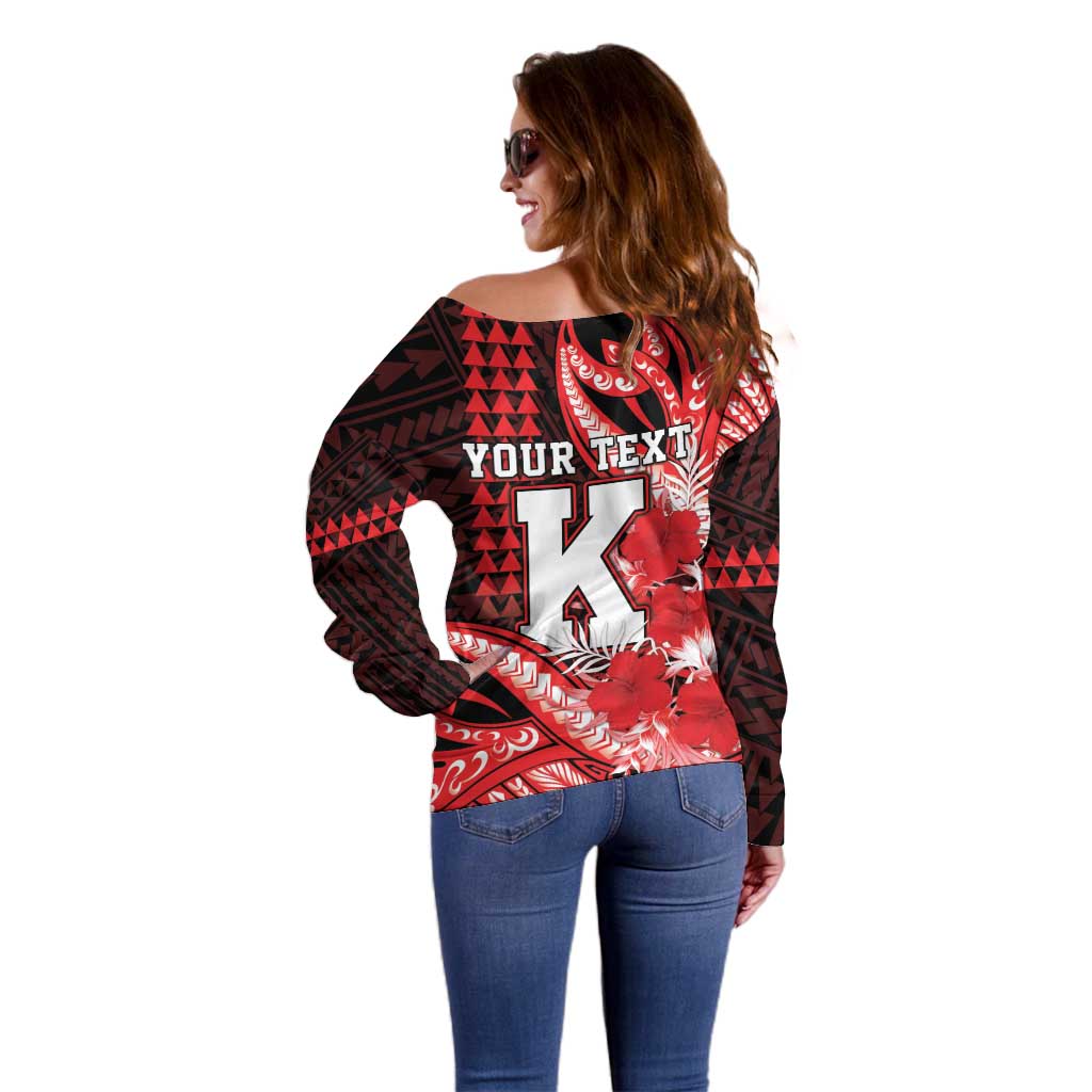 Personalised Hawaii Kalani High School Off Shoulder Sweater Tribal Tattoo With Hibiscus Flowers