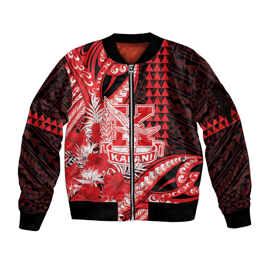Personalised Hawaii Kalani High School Sleeve Zip Bomber Jacket Tribal Tattoo With Hibiscus Flowers