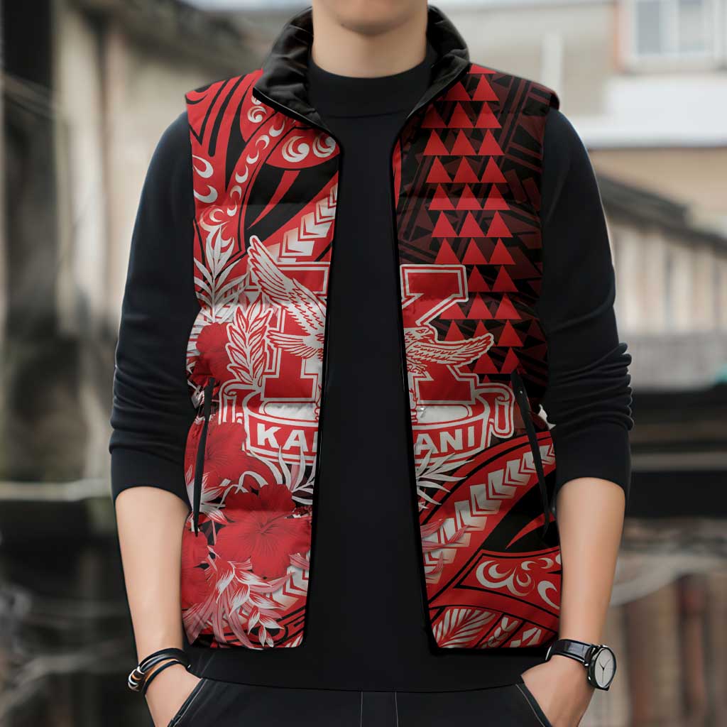 Personalised Hawaii Kalani High School Sleeveless Puffer Jacket Tribal Tattoo With Hibiscus Flowers