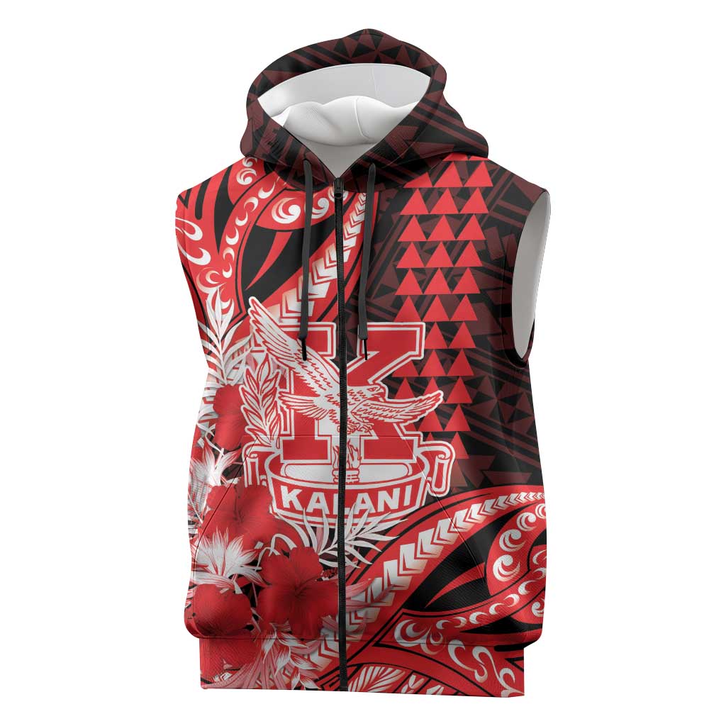 Personalised Hawaii Kalani High School Sleeveless Zip Hoodie Tribal Tattoo With Hibiscus Flowers LT05 Red - Polynesian Pride