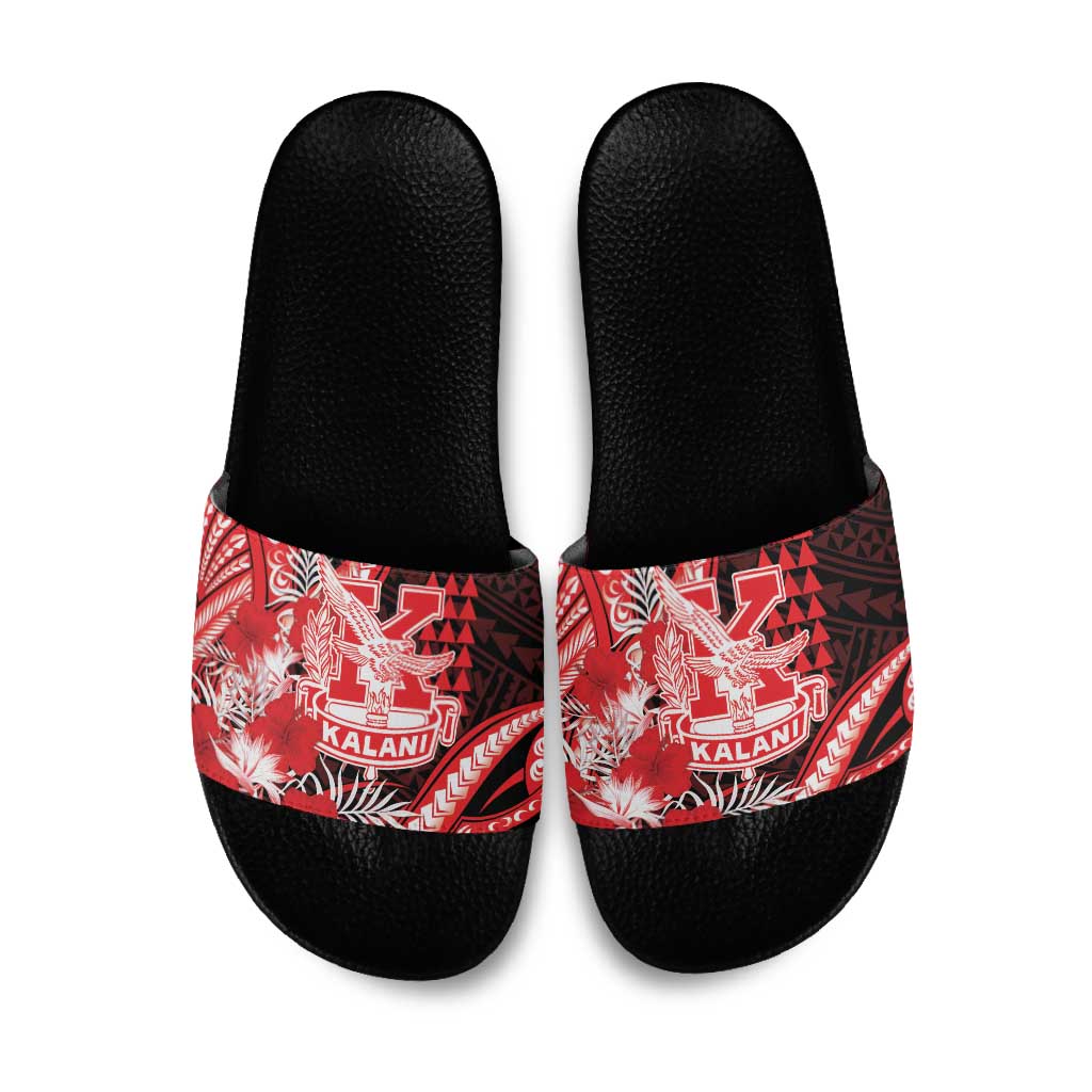 Hawaii Kalani High School Slide Sandals Tribal Tattoo With Hibiscus Flowers