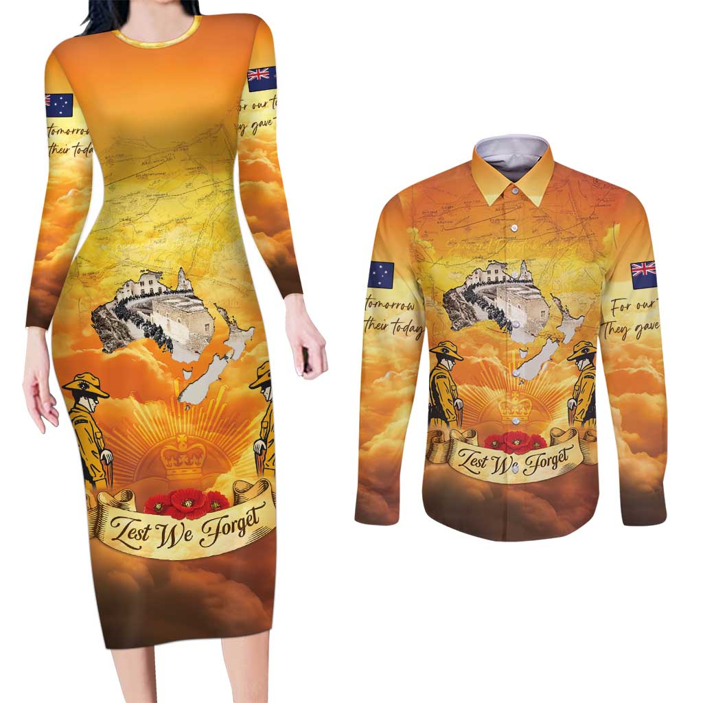 New Zealand And Australia ANZAC Day Couples Matching Long Sleeve Bodycon Dress and Long Sleeve Button Shirt Sinai Palestine Campaign Lest We Forget LT05 Orange - Polynesian Pride