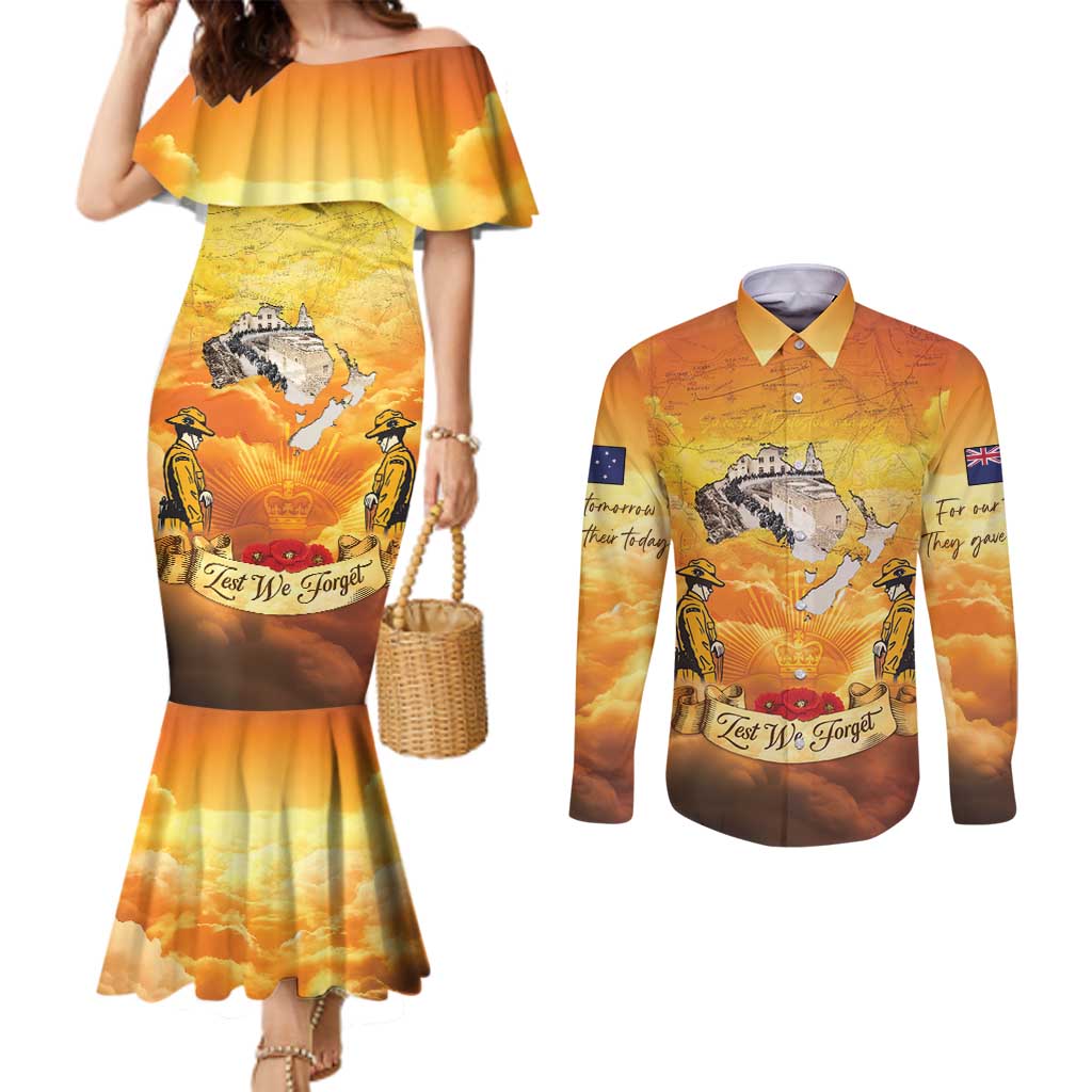 New Zealand And Australia ANZAC Day Couples Matching Mermaid Dress and Long Sleeve Button Shirt Sinai Palestine Campaign Lest We Forget LT05 Orange - Polynesian Pride
