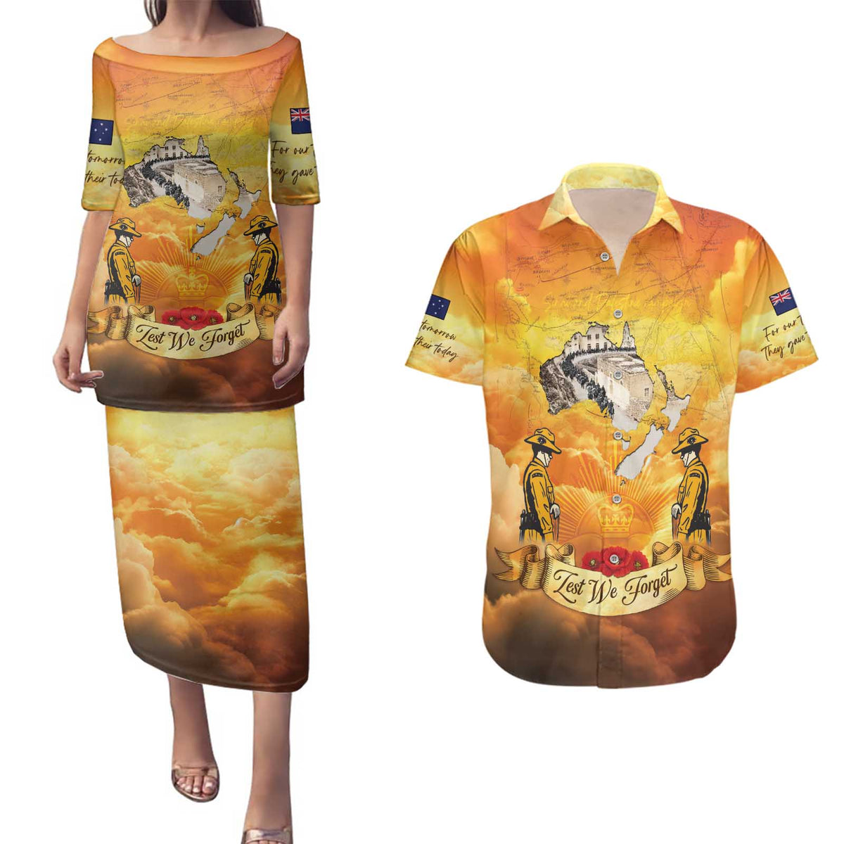 New Zealand And Australia ANZAC Day Couples Matching Puletasi and Hawaiian Shirt Sinai Palestine Campaign Lest We Forget LT05 Orange - Polynesian Pride