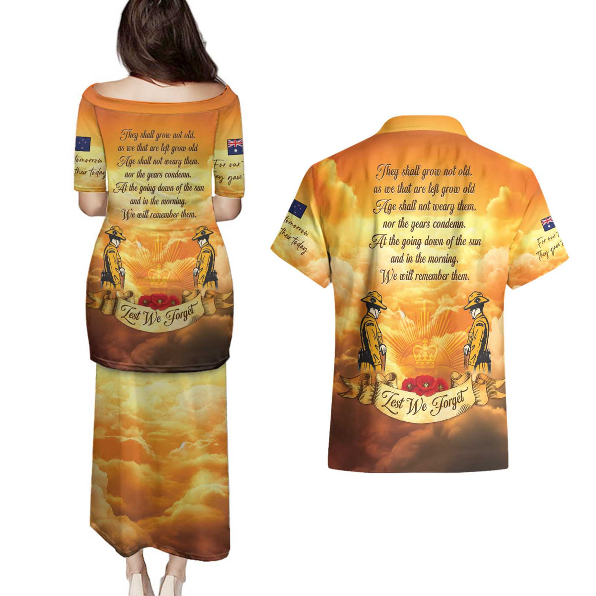 New Zealand And Australia ANZAC Day Couples Matching Puletasi and Hawaiian Shirt Sinai Palestine Campaign Lest We Forget LT05 - Polynesian Pride