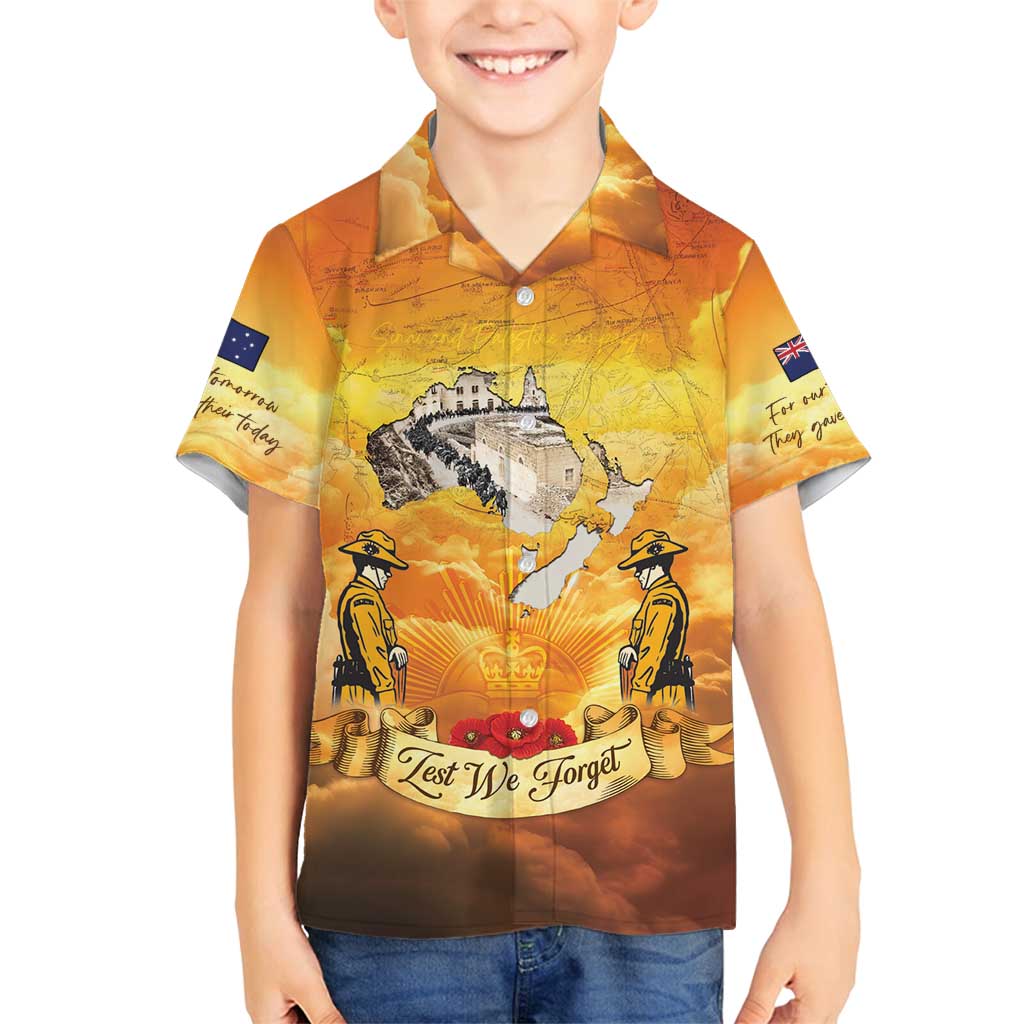 New Zealand And Australia ANZAC Day Family Matching Long Sleeve Bodycon Dress and Hawaiian Shirt Sinai Palestine Campaign Lest We Forget LT05 Son's Shirt Orange - Polynesian Pride