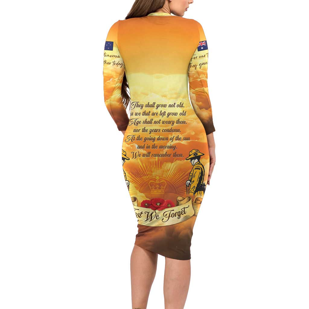 New Zealand And Australia ANZAC Day Long Sleeve Bodycon Dress Sinai Palestine Campaign Lest We Forget LT05 - Polynesian Pride