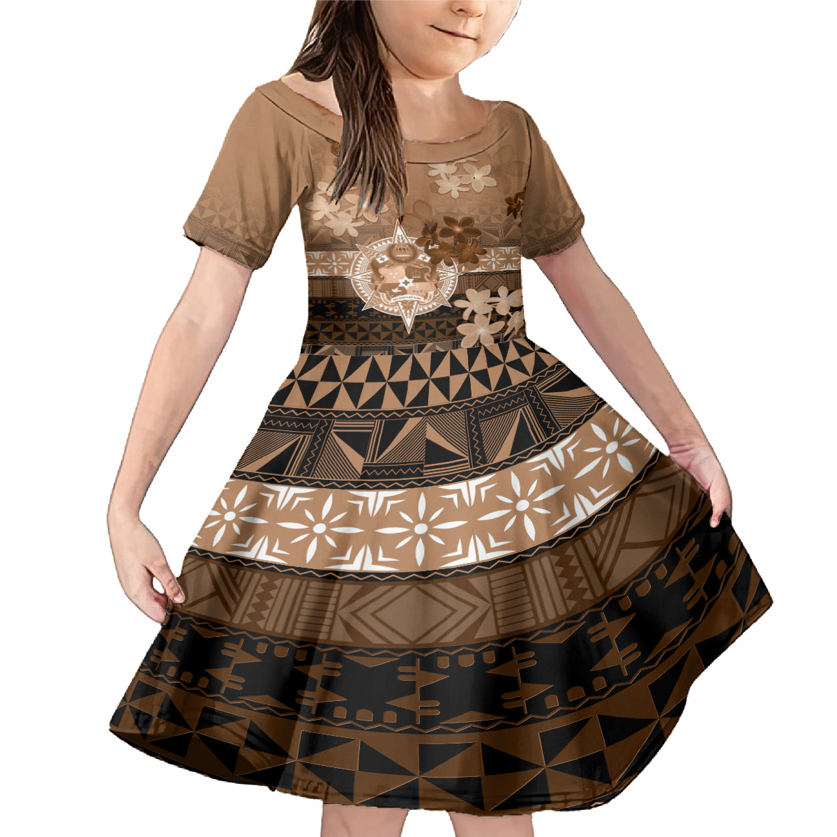 Tonga Emancipation Day Family Matching Mermaid Dress and Hawaiian Shirt Tongan Kupesi Ngatu Pattern Vintage Style LT05 Daughter's Dress Brown - Polynesian Pride