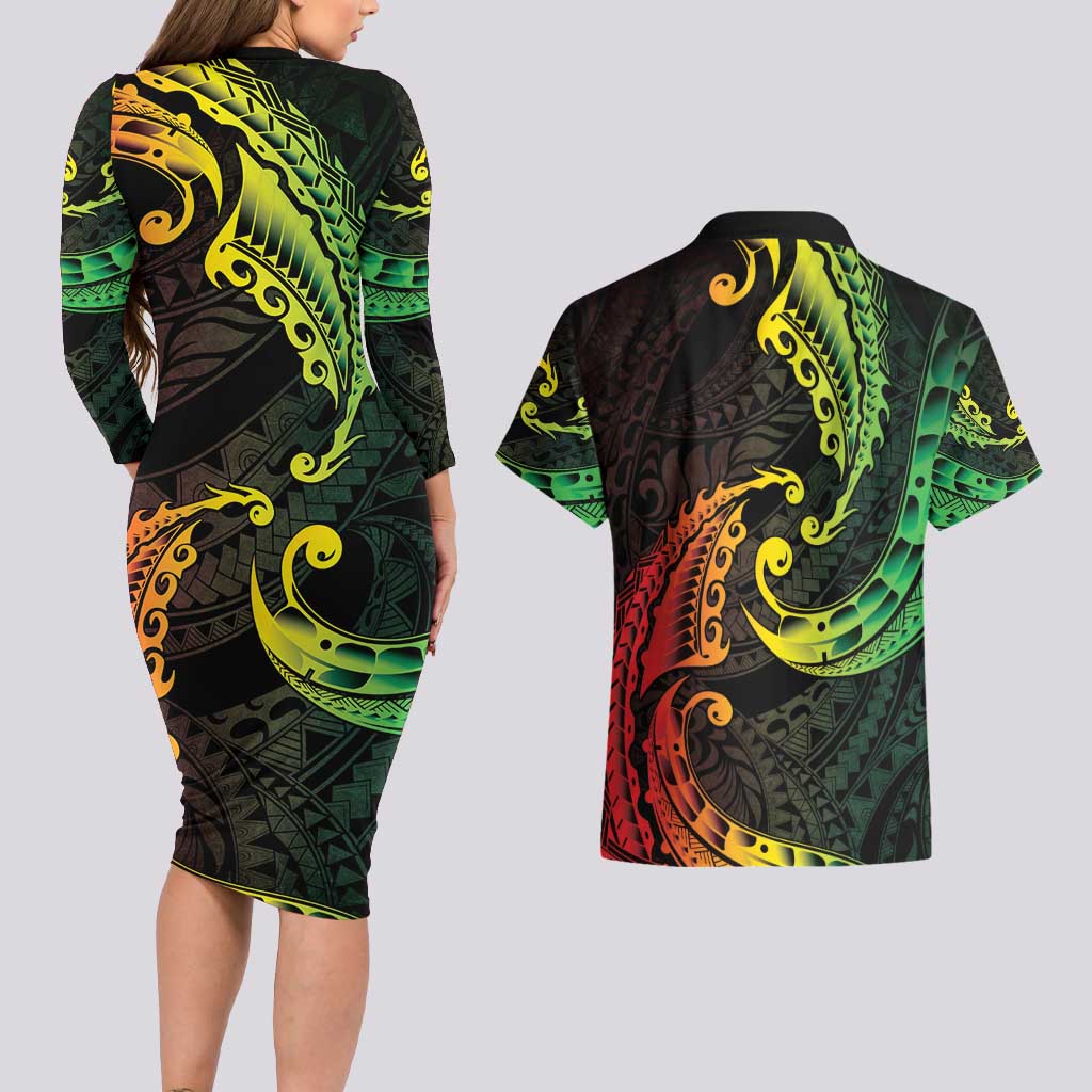 AAPI Heritage Month Couples Matching Long Sleeve Bodycon Dress and Hawaiian Shirt Kanaka Maoli Polynesian Tribal Wave