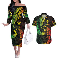 AAPI Heritage Month Couples Matching Off The Shoulder Long Sleeve Dress and Hawaiian Shirt Kanaka Maoli Polynesian Tribal Wave