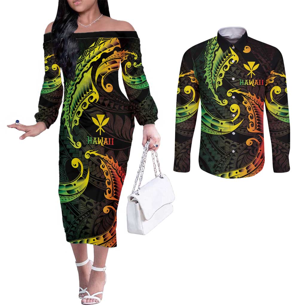 AAPI Heritage Month Couples Matching Off The Shoulder Long Sleeve Dress and Long Sleeve Button Shirt Kanaka Maoli Polynesian Tribal Wave