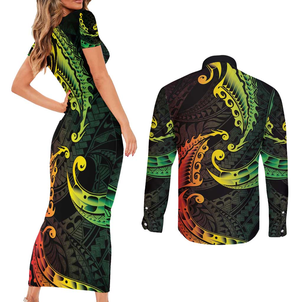 AAPI Heritage Month Couples Matching Short Sleeve Bodycon Dress and Long Sleeve Button Shirt Kanaka Maoli Polynesian Tribal Wave