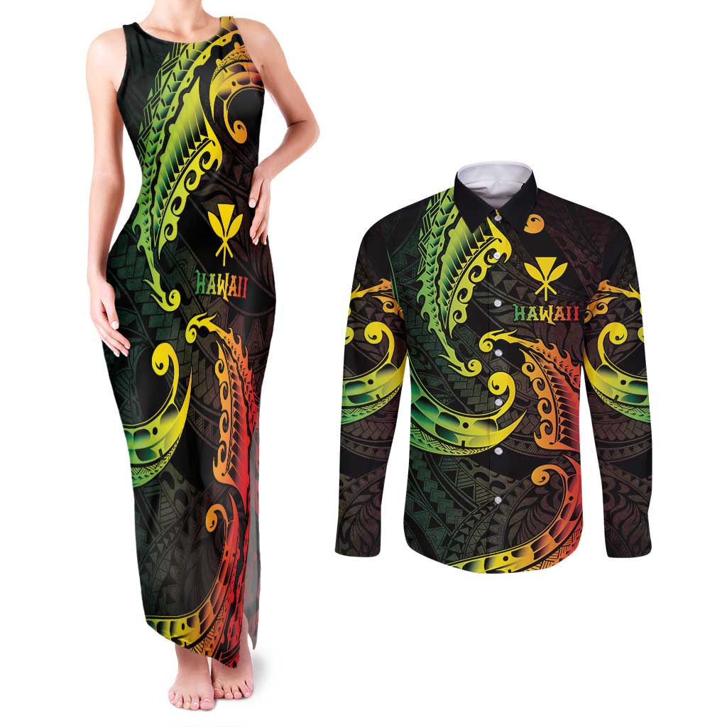 AAPI Heritage Month Couples Matching Tank Maxi Dress and Long Sleeve Button Shirt Kanaka Maoli Polynesian Tribal Wave