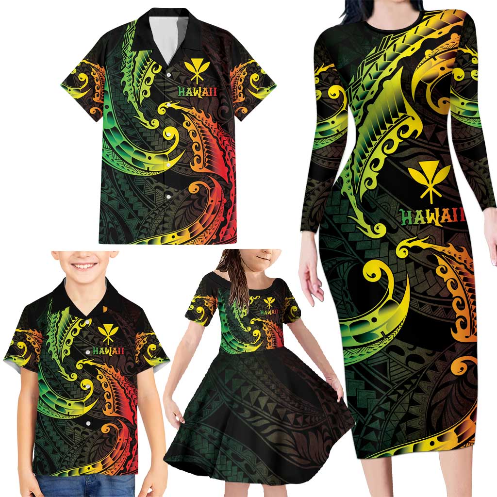AAPI Heritage Month Family Matching Long Sleeve Bodycon Dress and Hawaiian Shirt Kanaka Maoli Polynesian Tribal Wave
