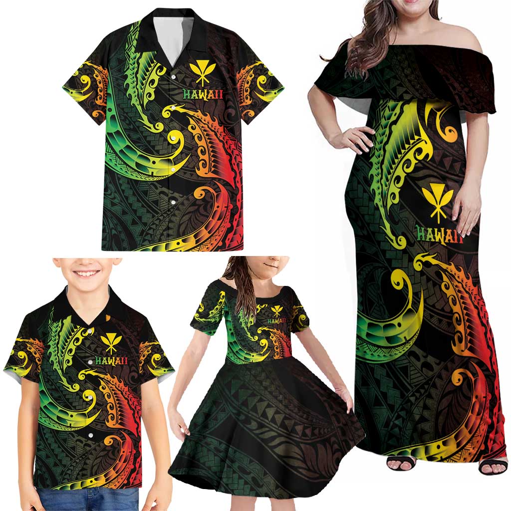 AAPI Heritage Month Family Matching Off Shoulder Maxi Dress and Hawaiian Shirt Kanaka Maoli Polynesian Tribal Wave