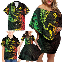 AAPI Heritage Month Family Matching Off Shoulder Short Dress and Hawaiian Shirt Kanaka Maoli Polynesian Tribal Wave