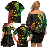 AAPI Heritage Month Family Matching Off Shoulder Short Dress and Hawaiian Shirt Kanaka Maoli Polynesian Tribal Wave