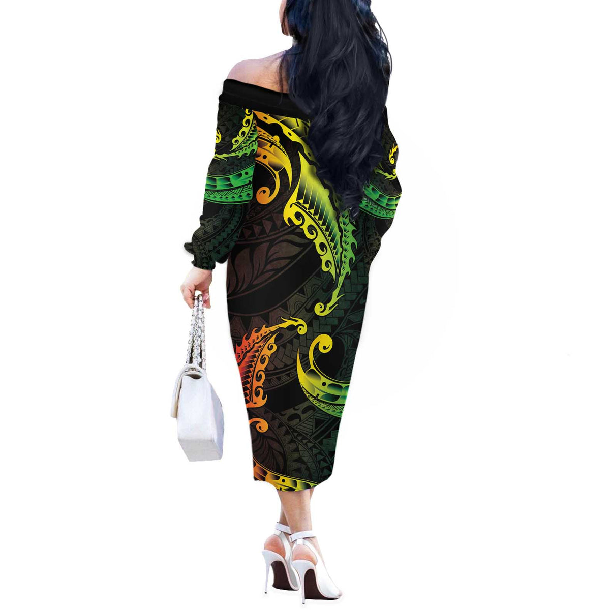 AAPI Heritage Month Off The Shoulder Long Sleeve Dress Kanaka Maoli Polynesian Tribal Wave