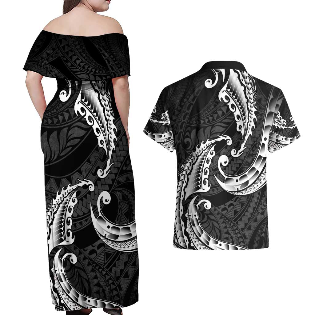 AAPI Heritage Month Couples Matching Off Shoulder Maxi Dress and Hawaiian Shirt American Samoa Polynesian Tribal Wave