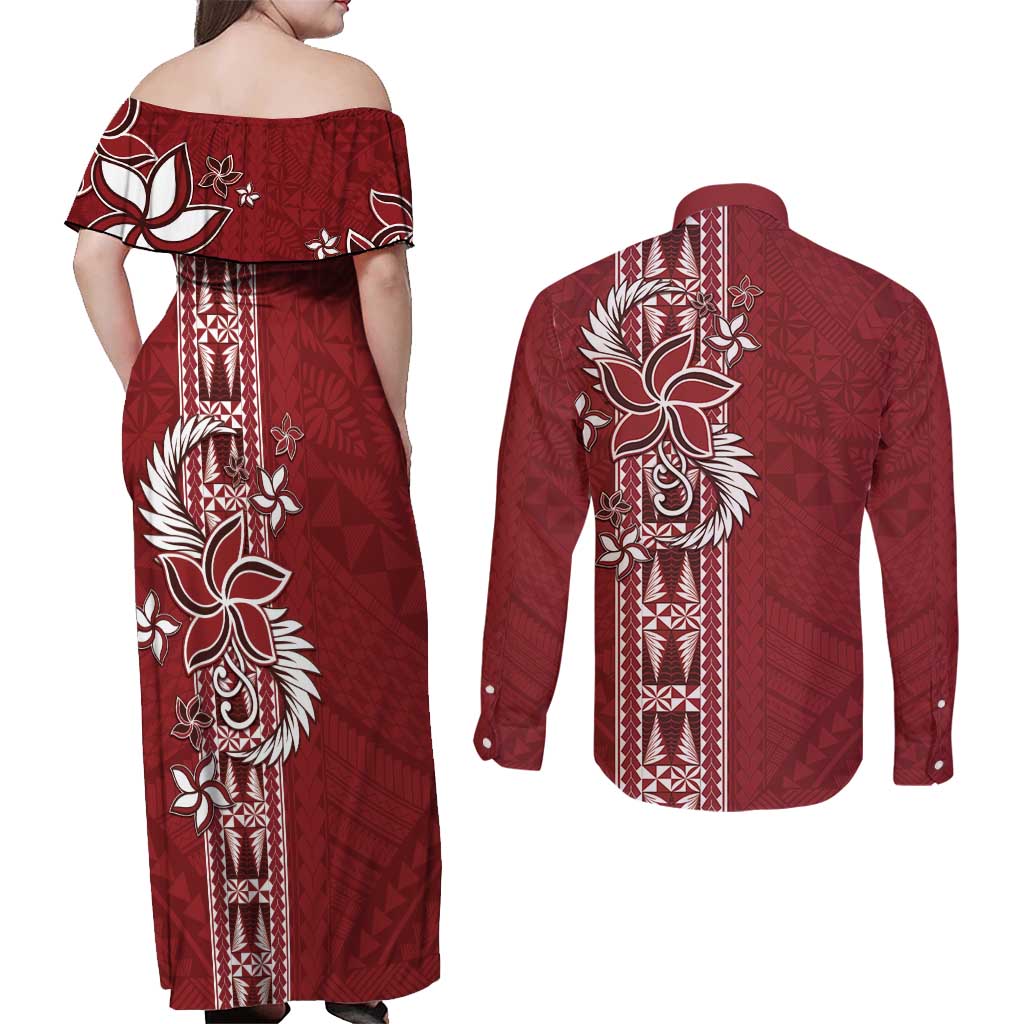 Tonga Language Week Couples Matching Off Shoulder Maxi Dress and Long Sleeve Button Shirt Malo e Lelei Kupesi Ngatu Pattern