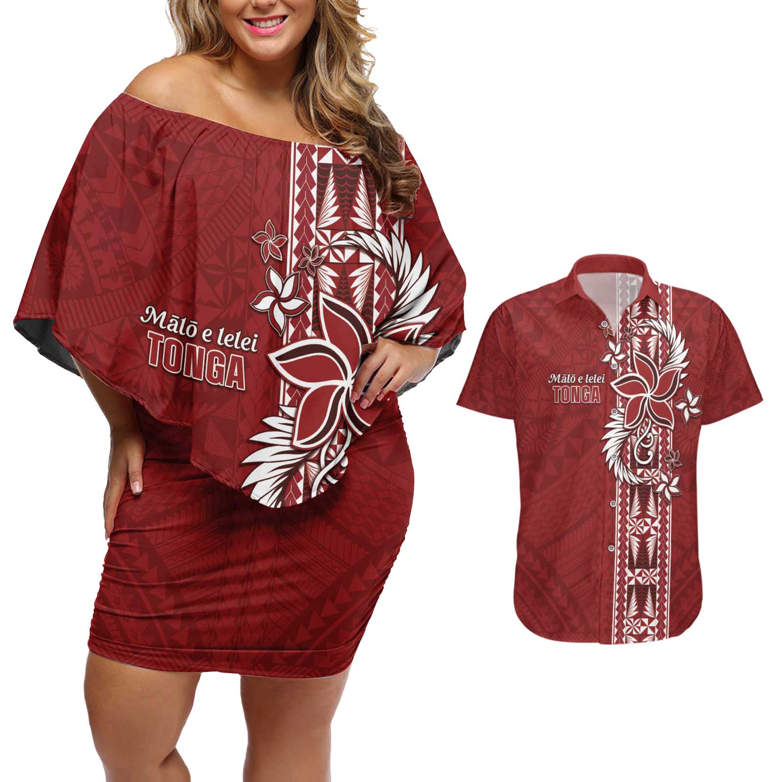 Tonga Language Week Couples Matching Off Shoulder Short Dress and Hawaiian Shirt Malo e Lelei Kupesi Ngatu Pattern