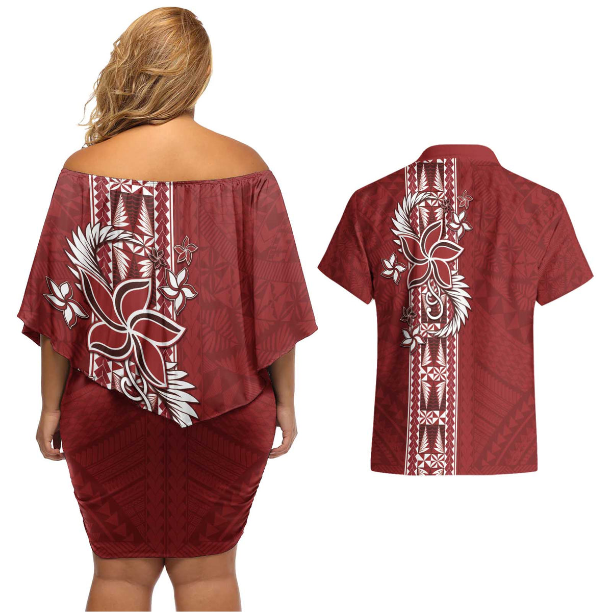 Tonga Language Week Couples Matching Off Shoulder Short Dress and Hawaiian Shirt Malo e Lelei Kupesi Ngatu Pattern