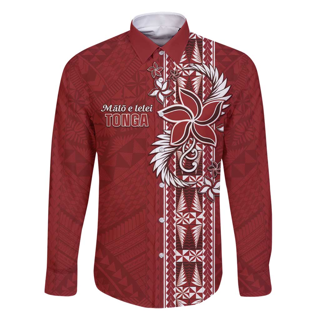 Tonga Language Week Family Matching Mermaid Dress and Hawaiian Shirt Malo e Lelei Kupesi Ngatu Pattern LT05 Dad's Shirt - Long Sleeve Red - Polynesian Pride
