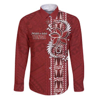 Tonga Language Week Family Matching Mermaid Dress and Hawaiian Shirt Malo e Lelei Kupesi Ngatu Pattern LT05 Dad's Shirt - Long Sleeve Red - Polynesian Pride