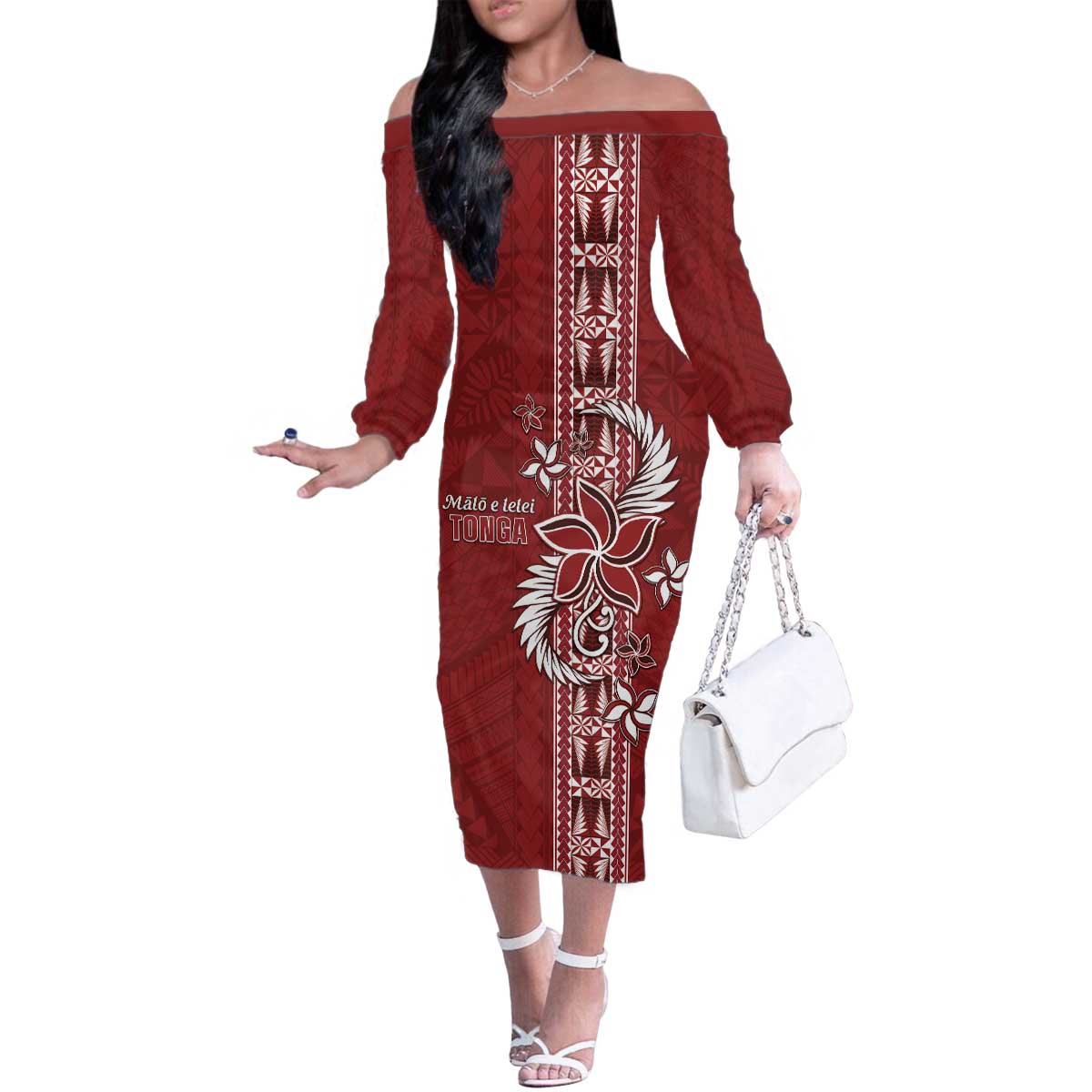 Tonga Language Week Family Matching Off The Shoulder Long Sleeve Dress and Hawaiian Shirt Malo e Lelei Kupesi Ngatu Pattern
