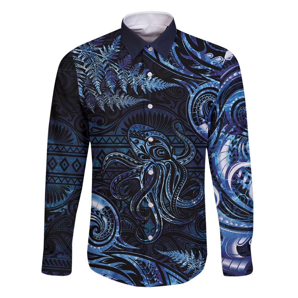 Aotearoa New Zealand Octopus Family Matching Long Sleeve Bodycon Dress and Hawaiian Shirt Silver Fern Maori Pattern LT05 Dad's Shirt - Long Sleeve Blue - Polynesian Pride