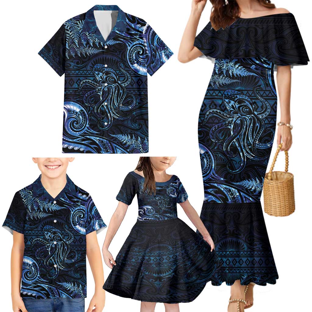 Aotearoa New Zealand Octopus Family Matching Mermaid Dress and Hawaiian Shirt Silver Fern Maori Pattern LT05 - Polynesian Pride