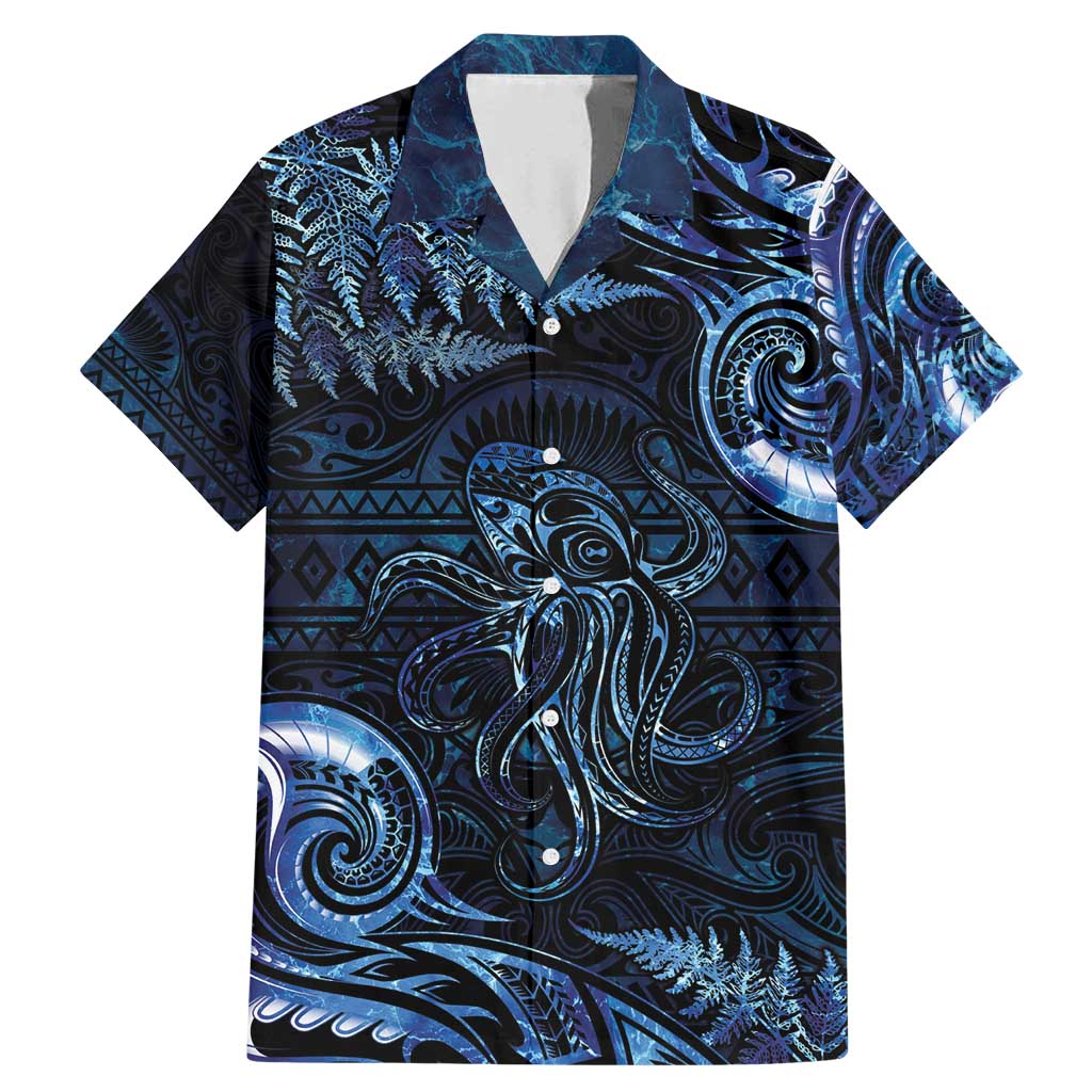Aotearoa New Zealand Octopus Family Matching Mermaid Dress and Hawaiian Shirt Silver Fern Maori Pattern LT05 Dad's Shirt - Short Sleeve Blue - Polynesian Pride