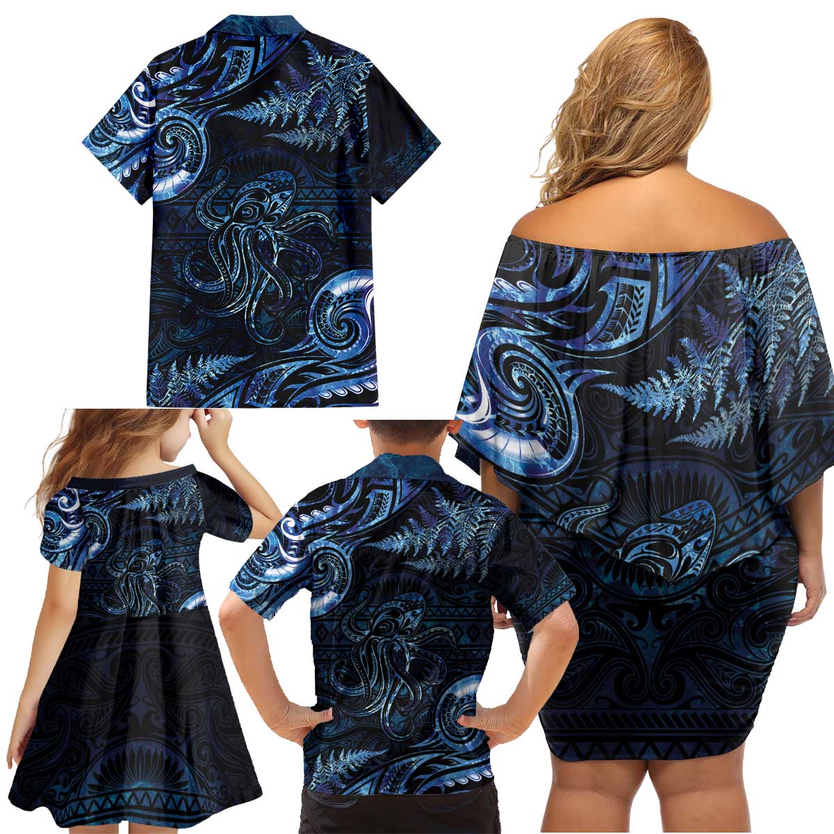 Aotearoa New Zealand Octopus Family Matching Off Shoulder Short Dress and Hawaiian Shirt Silver Fern Maori Pattern
